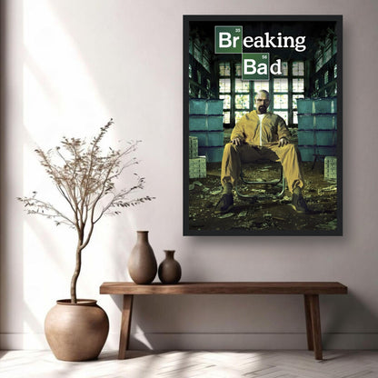 Walter White framed poster showcasing iconic Breaking Bad imagery in a stylish living room setting.