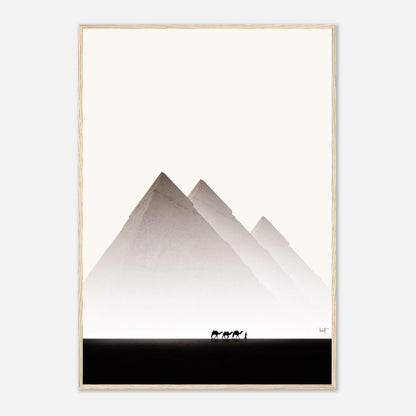 Pyramids of Giza framed print featuring majestic silhouettes against a minimalist desert backdrop.