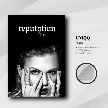 Taylor Swift Reputation Poster featuring bold black-and-white design and edgy typography, perfect for fans and music lovers.