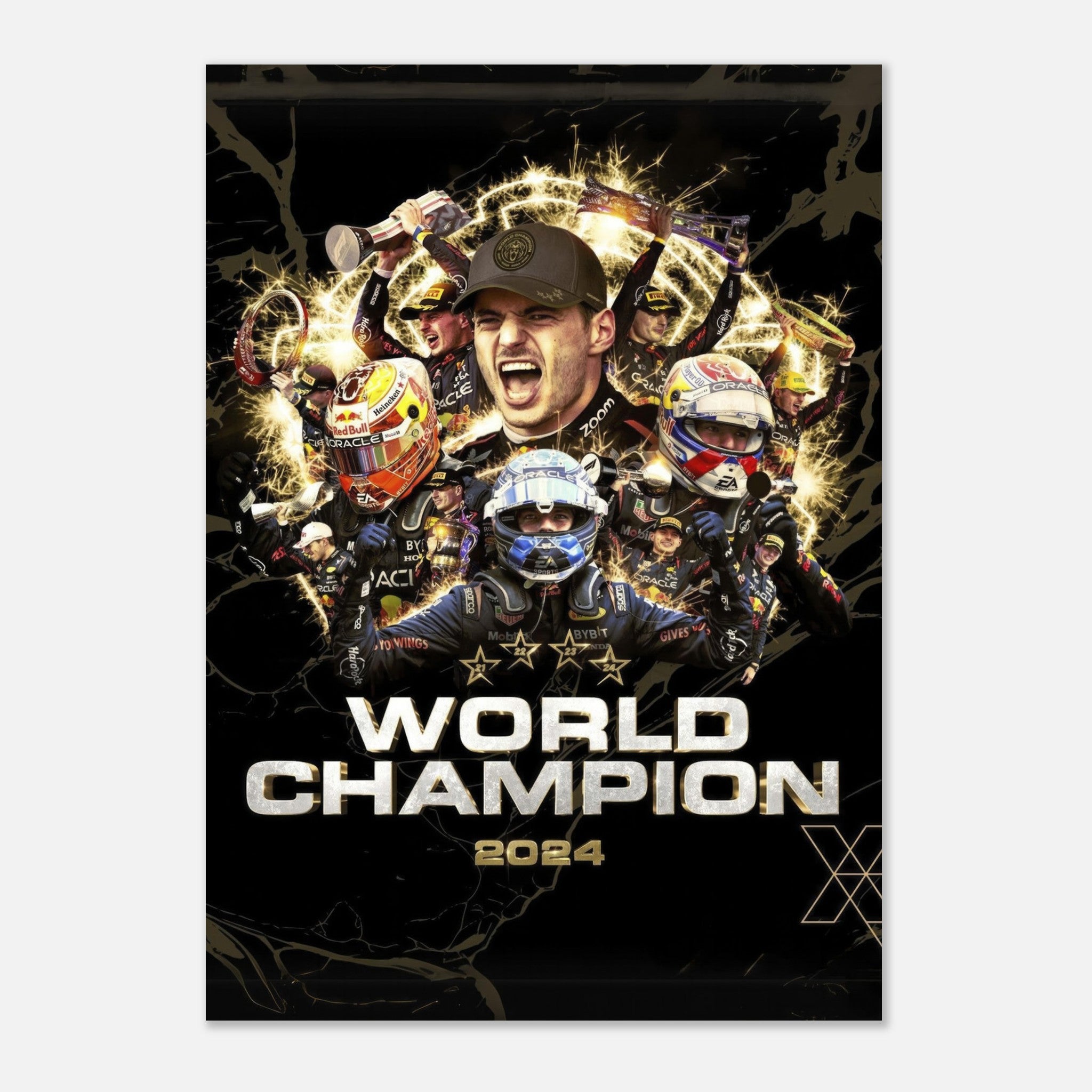 Max Verstappen 2024 World Champion poster featuring vibrant colors and iconic F1 moments, perfect for fans.