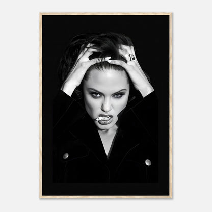 Angelina Jolie smoking framed print in black-and-white, showcasing bold glamour and striking contrast.