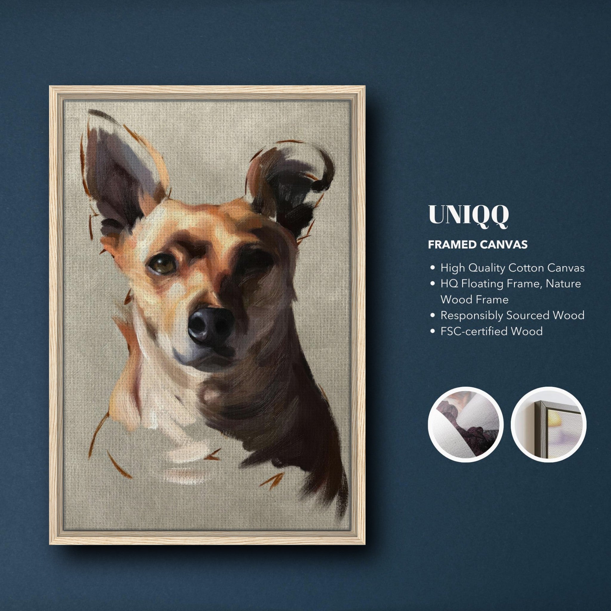Chihuahua dog painting on high-quality canvas in a natural wood frame.