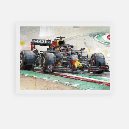 Max Verstappen Red Bull Racing car illustration in a framed print, showcasing vibrant details and Formula 1 excitement.