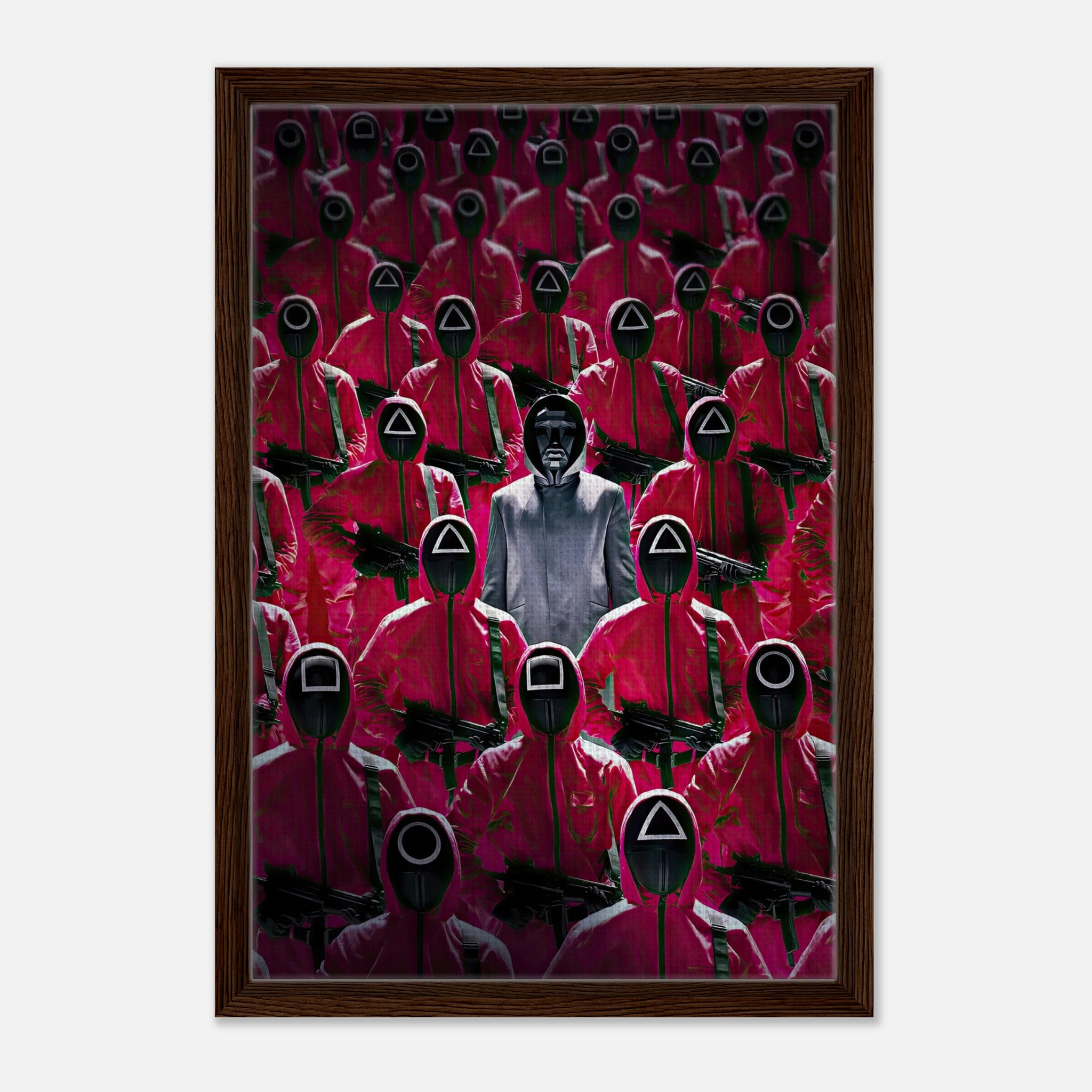 Squid Game Guards framed canvas print featuring iconic red uniforms and mysterious masks in a suspenseful scene.