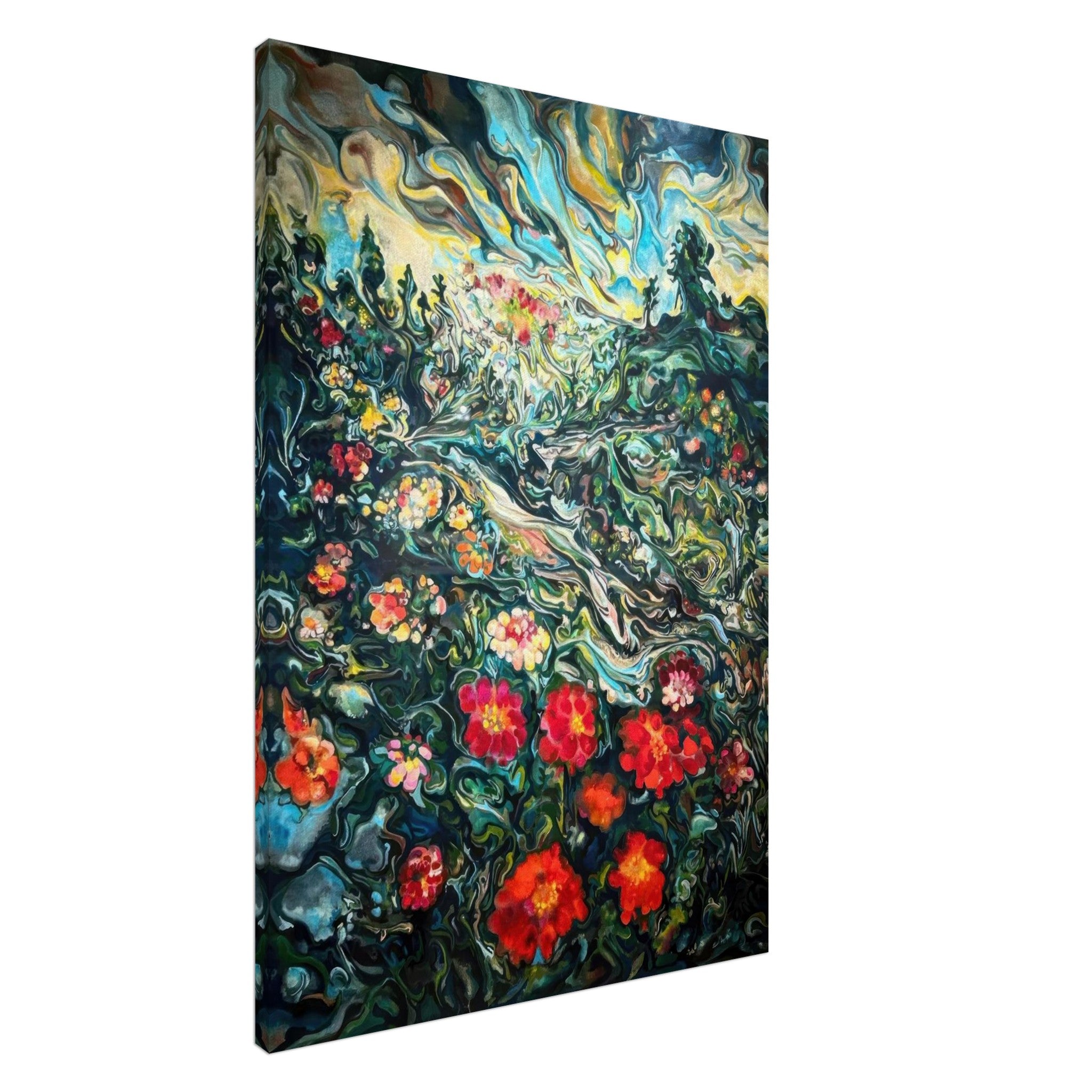 Abstract floral landscape painting canvas print with vibrant colors and intricate brushstrokes.