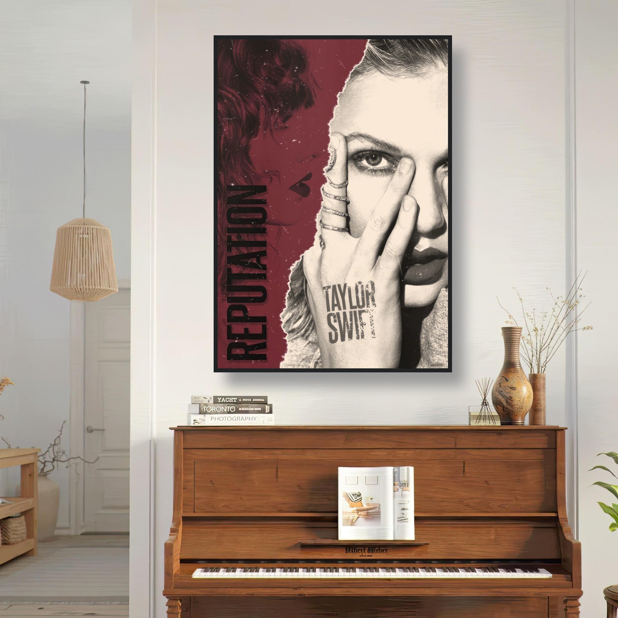 Framed print of Taylor Swift's Reputation era on wall above piano, featuring bold design and striking colors.