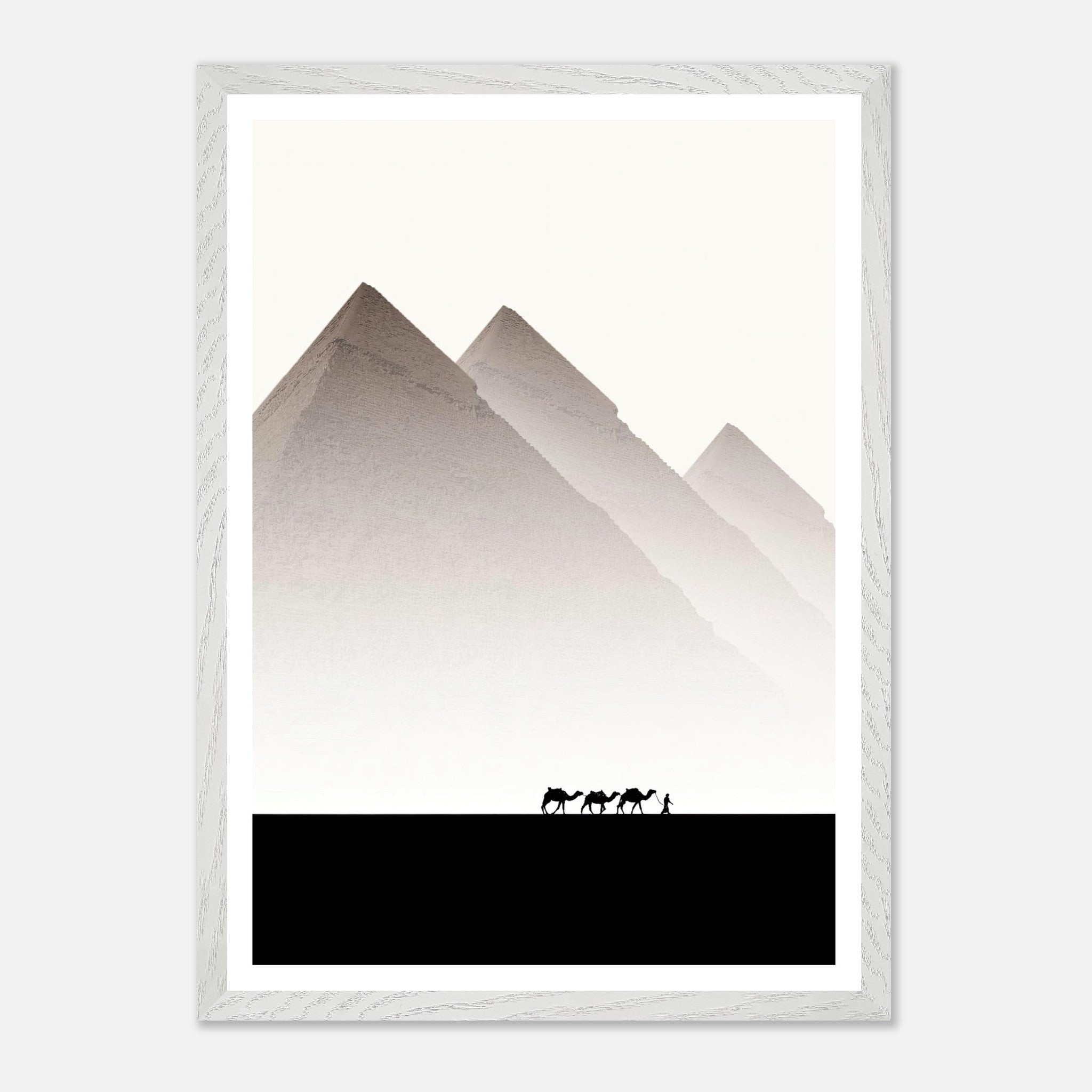 Framed Giclée fine art of the Pyramids of Giza with silhouettes of camels against a minimalist backdrop.