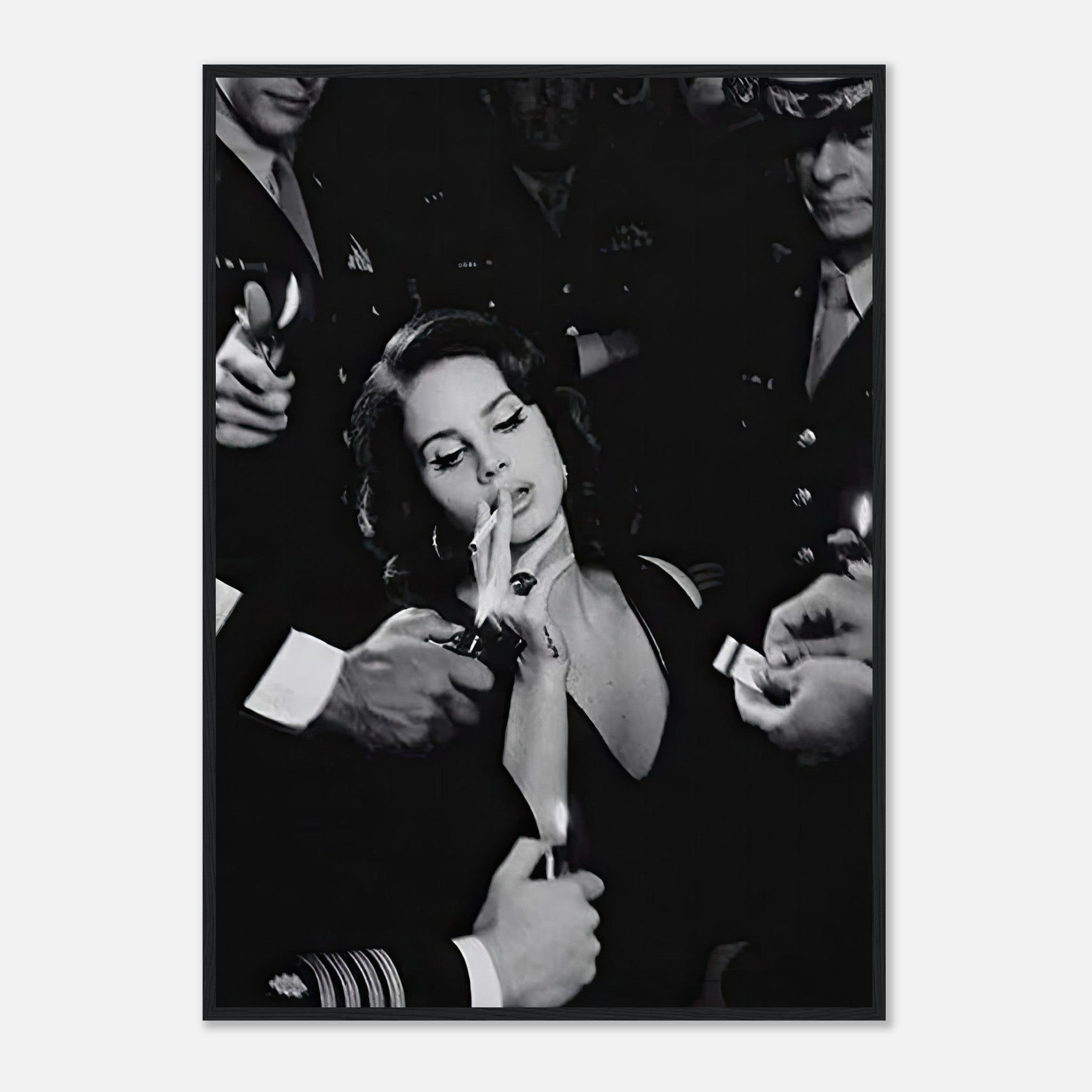 Lana Del Ray Smoking framed print in black-and-white, showcasing vintage Hollywood style and sophisticated allure.