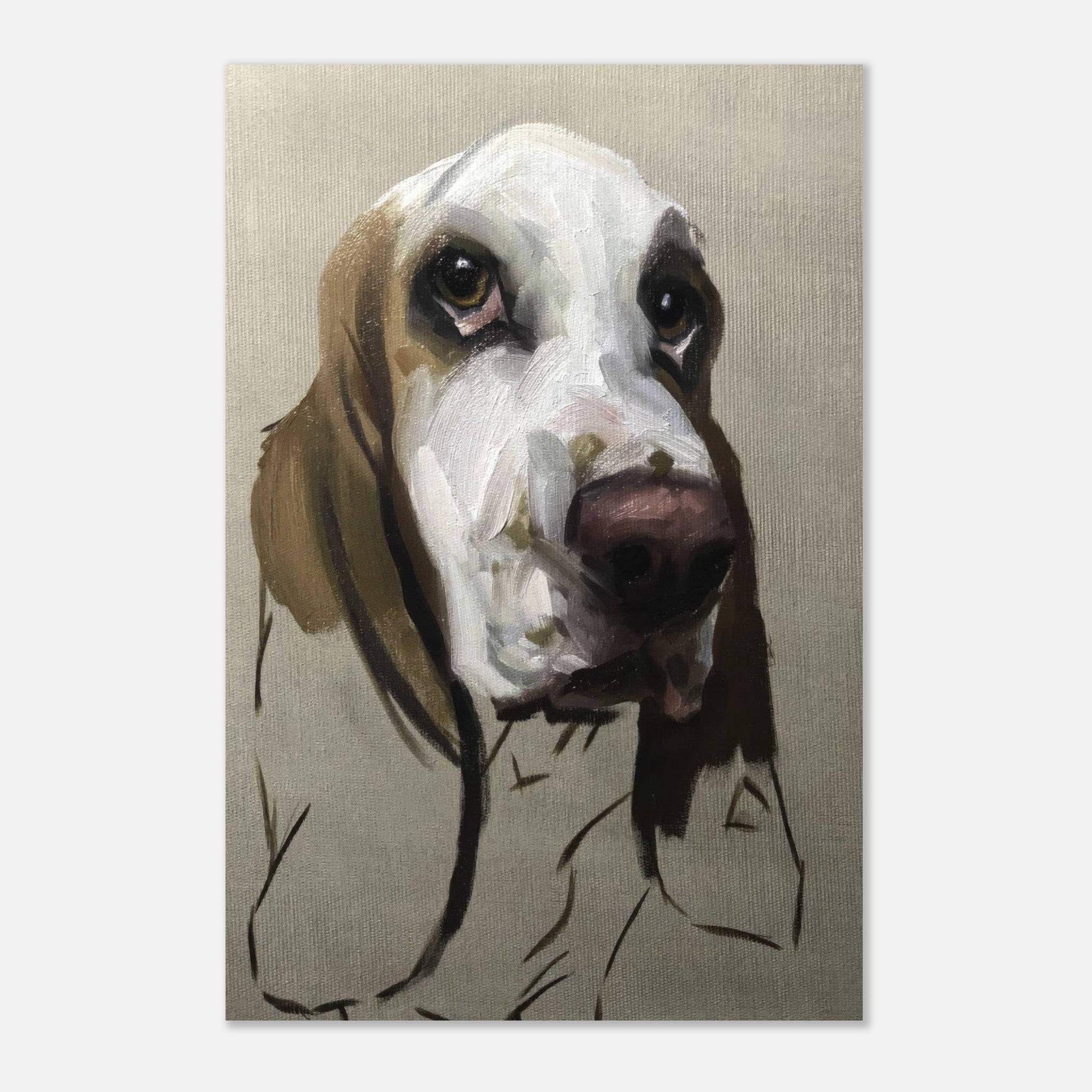 Basset Hound dog painting on metal print showcasing expressive eyes and droopy ears in warm earthy tones.