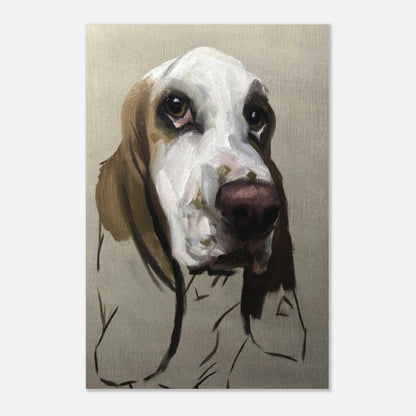 Basset Hound dog painting on metal print showcasing expressive eyes and droopy ears in warm earthy tones.