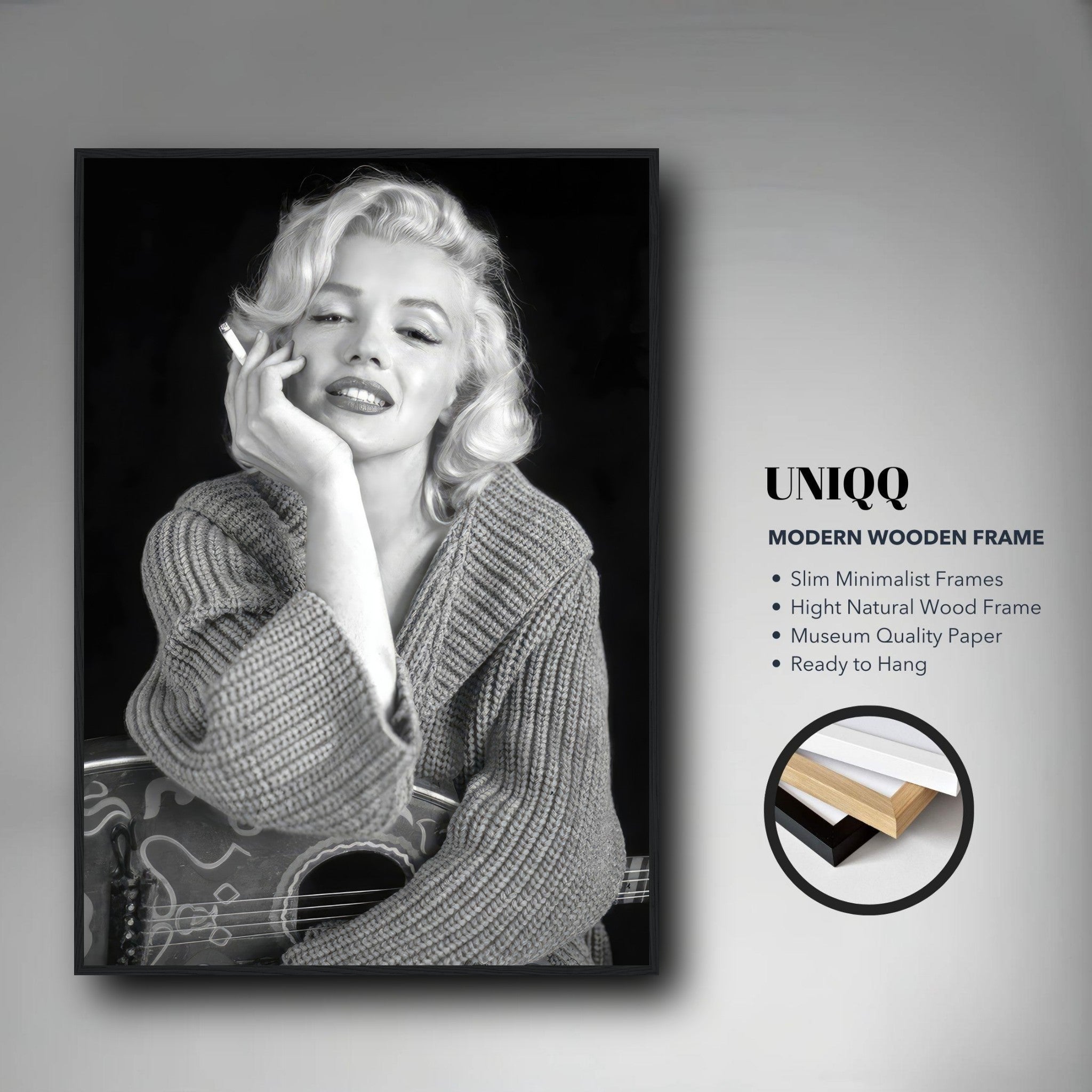 Marilyn Monroe smoking portrait in modern wooden frame, showcasing elegance and charm in black-and-white photography.