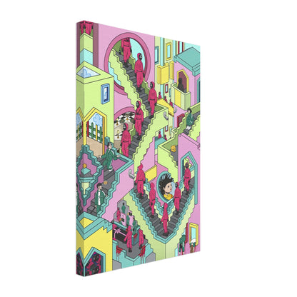 Squid Game Stairs canvas artwork featuring vibrant colors and intricate staircase design, ideal for modern art enthusiasts.