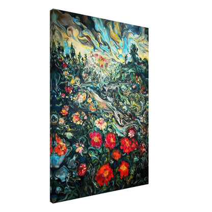 Vibrant abstract floral landscape painting on canvas with swirling colors and intricate details.