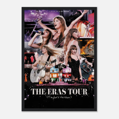 Framed poster of Taylor Swift's Eras Tour, showcasing vibrant performances and iconic moments from her musical journey.