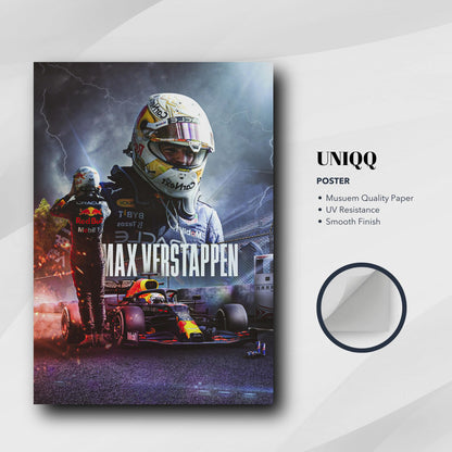 Max Verstappen Red Bull Racing poster on museum quality paper, featuring vibrant colors and sharp details. Perfect for F1 fans.