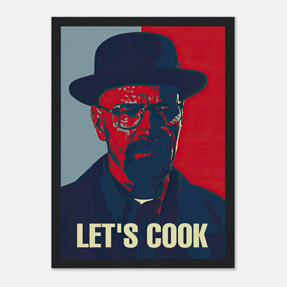 Heisenberg Let's Cook framed print featuring a bold, pop art design in vivid red and blue colors. Perfect for fans of iconic TV characters.