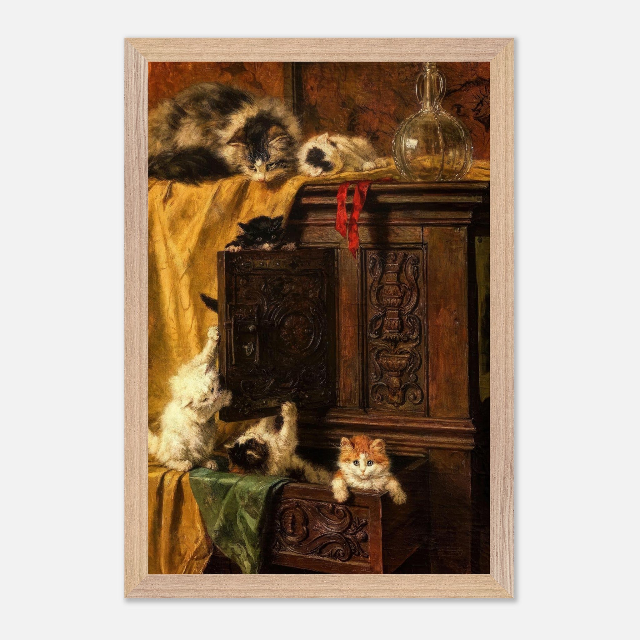 Vintage cat painting featuring playful kittens atop an ornate cabinet, rich in classic 19th-century fine art detail.