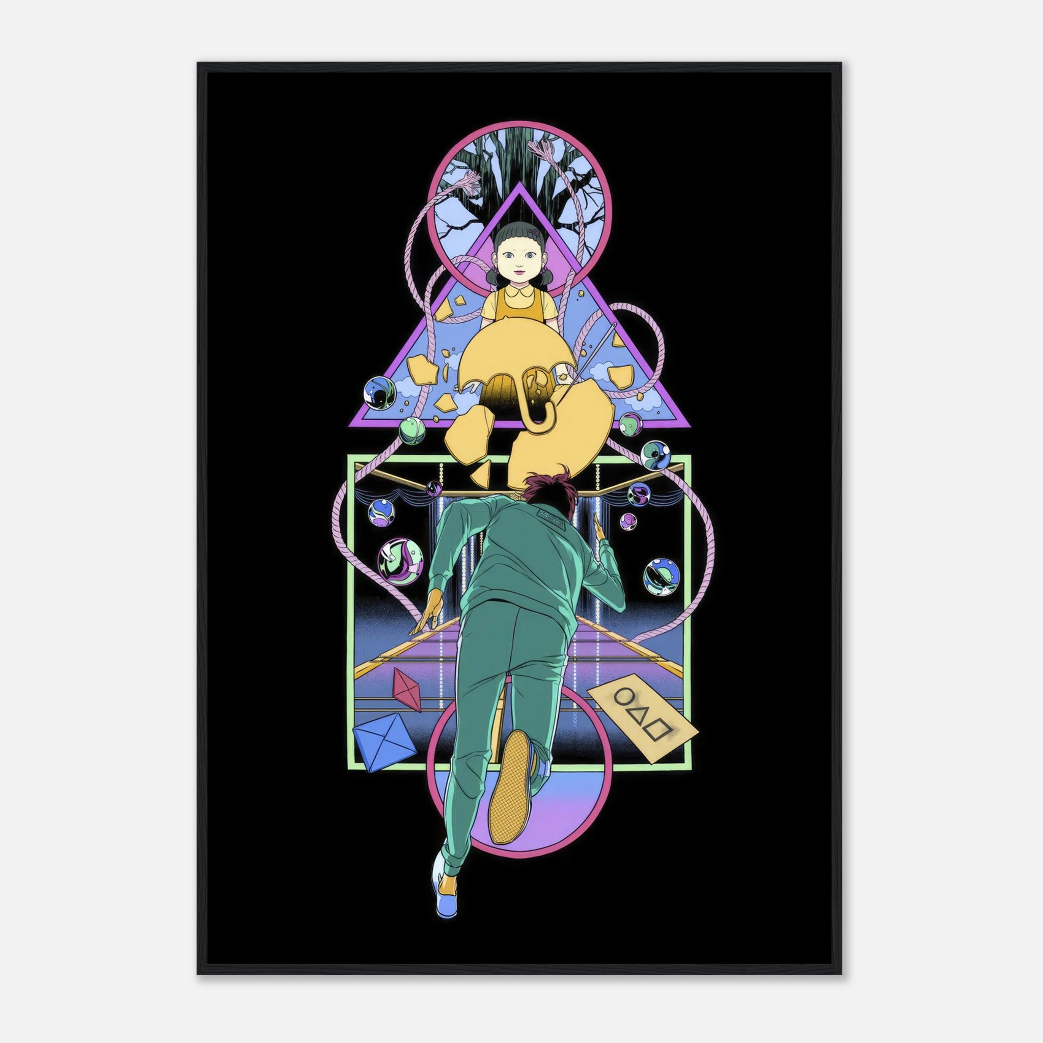 Doll Squid Game framed print featuring the iconic doll and a player in a vivid, dynamic design. Perfect for fans of the series.