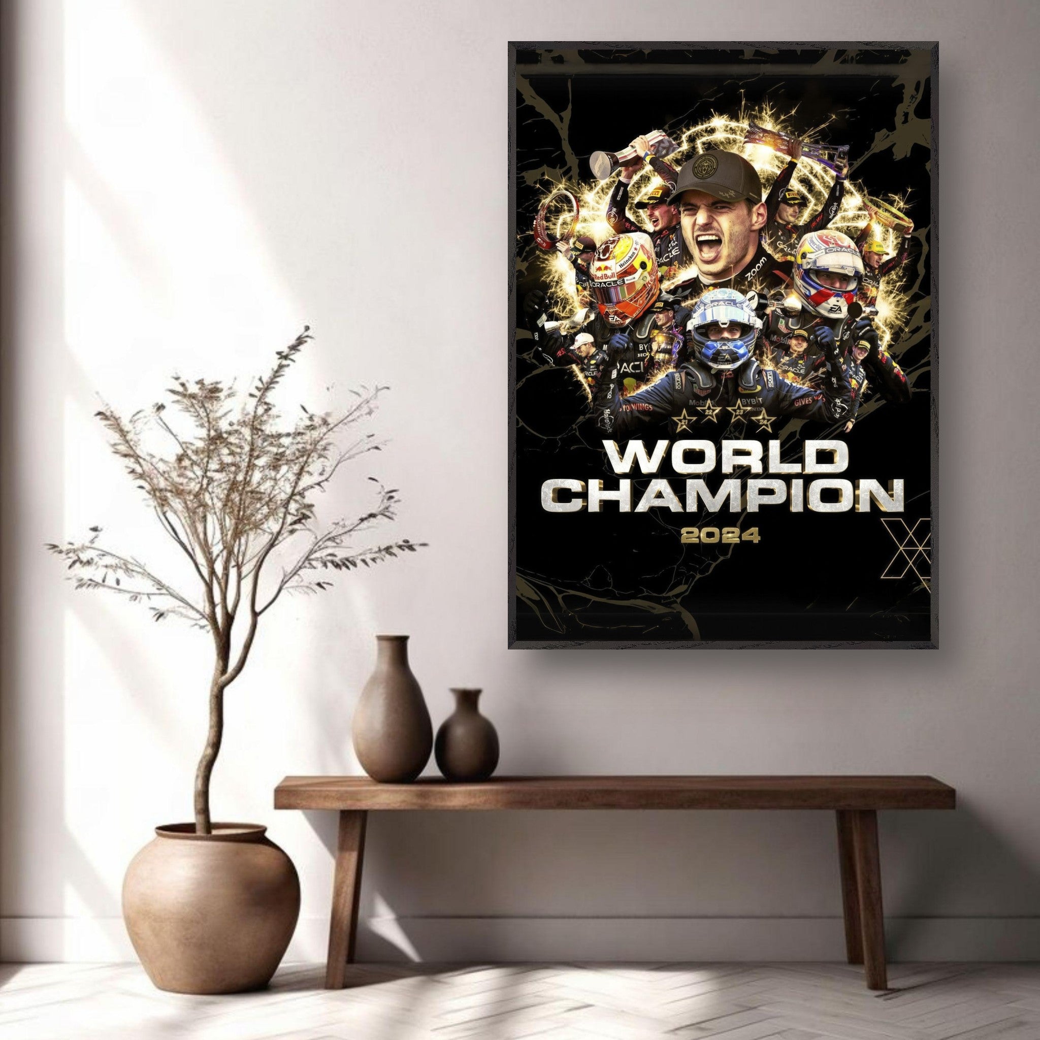 Max Verstappen 2024 F1 World Champion fine art print displayed in a modern living space with stylish decor.