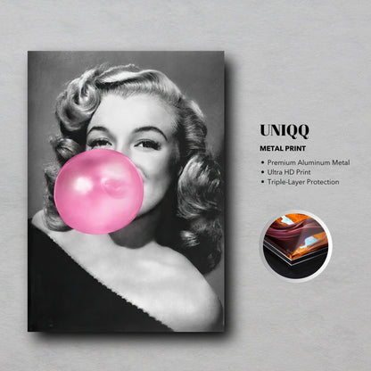 Marilyn Monroe bubble gum metal print with playful pink bubble against classic black and white background, premium quality art piece.