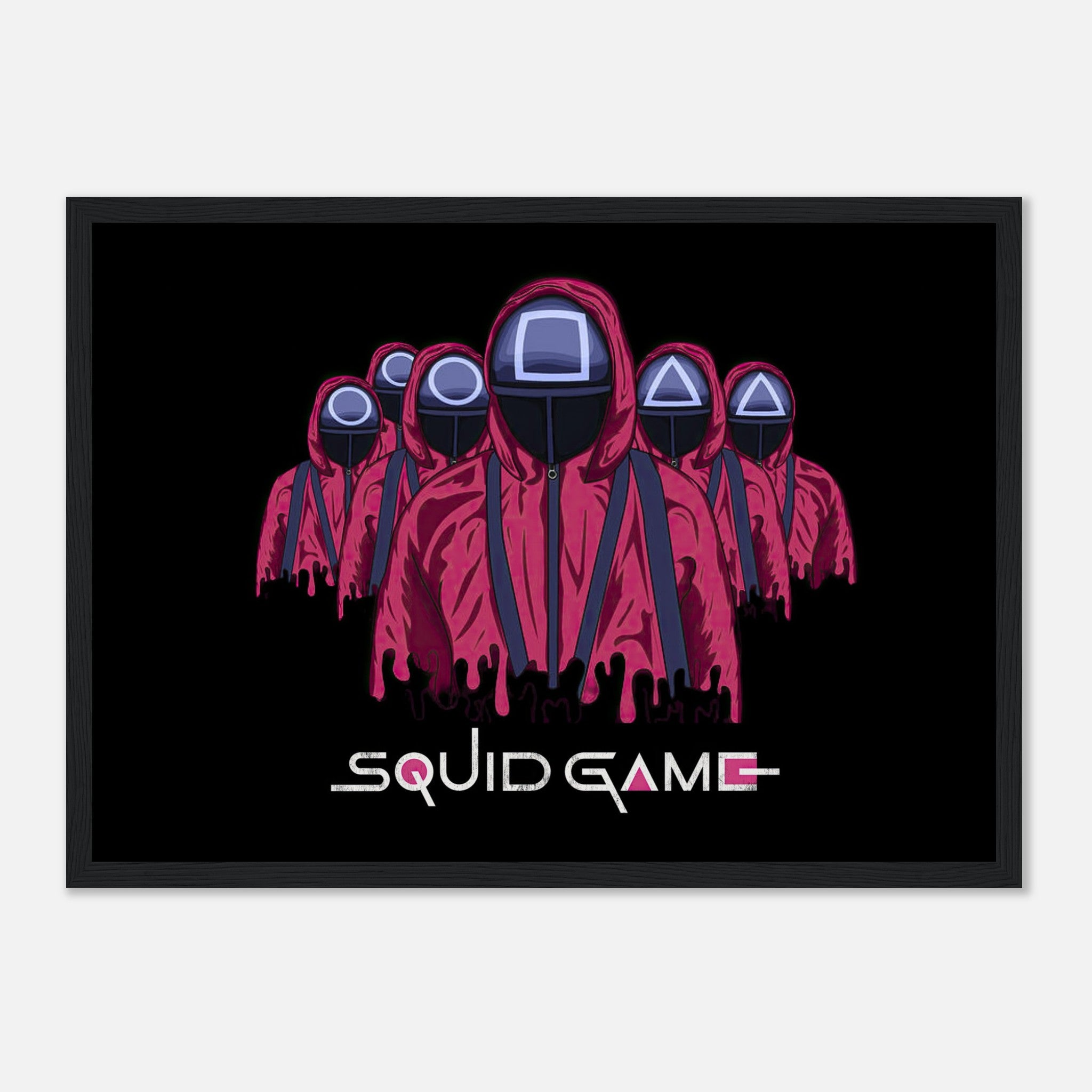 Framed poster of Squid Game soldiers in pink uniforms with geometric masks, featuring bold colors and detailing.