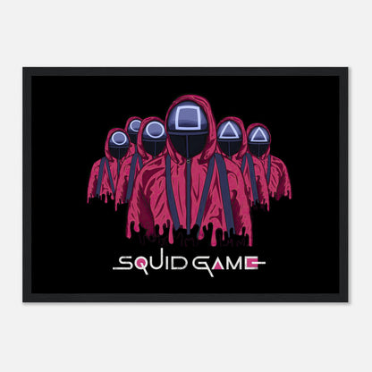 Framed poster of Squid Game soldiers in pink uniforms with geometric masks, featuring bold colors and detailing.