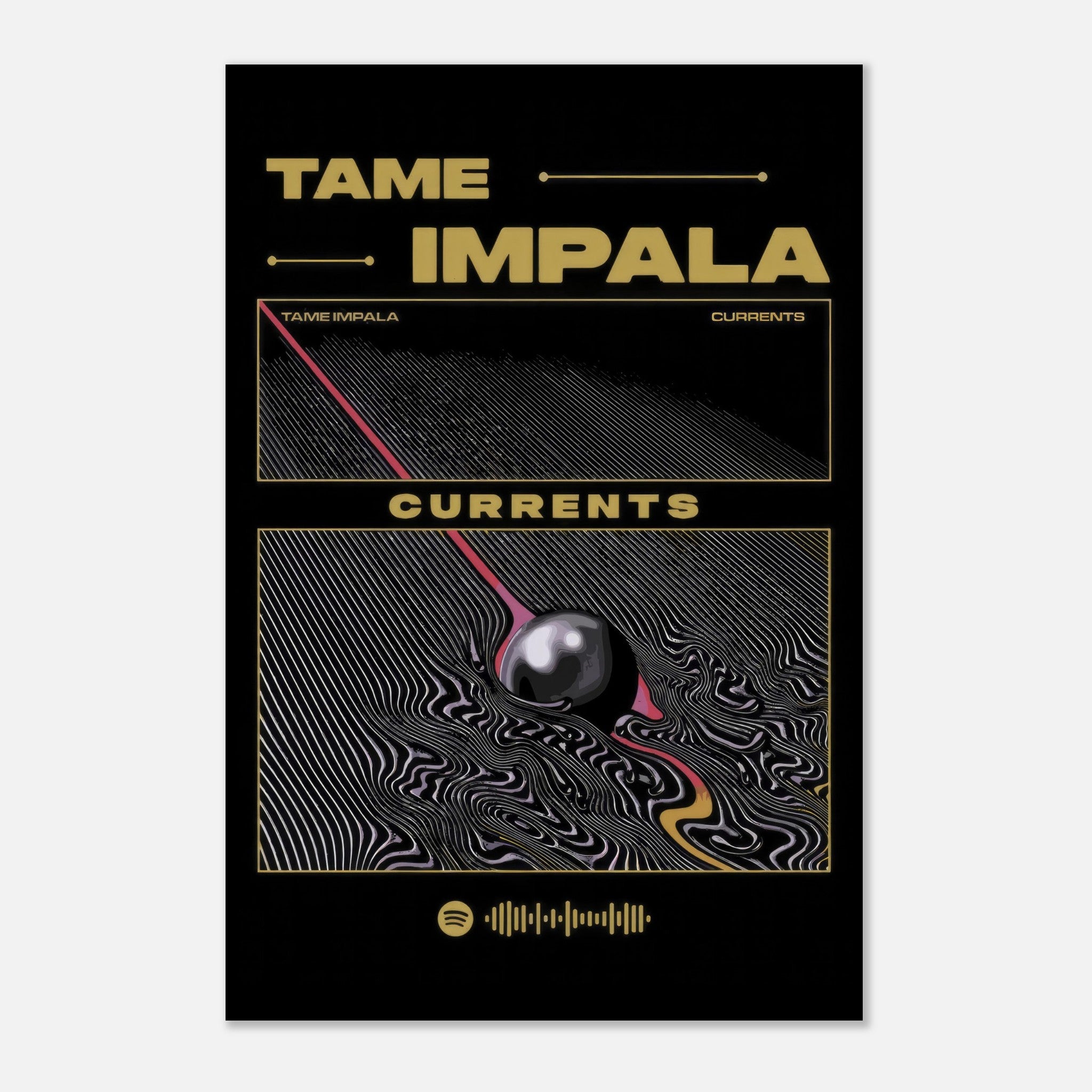 Tame Impala Currents metal poster featuring swirling artwork and bold colors on a sleek black background.