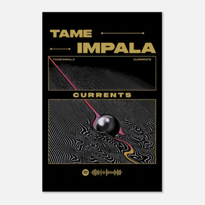 Tame Impala Currents metal poster featuring swirling artwork and bold colors on a sleek black background.