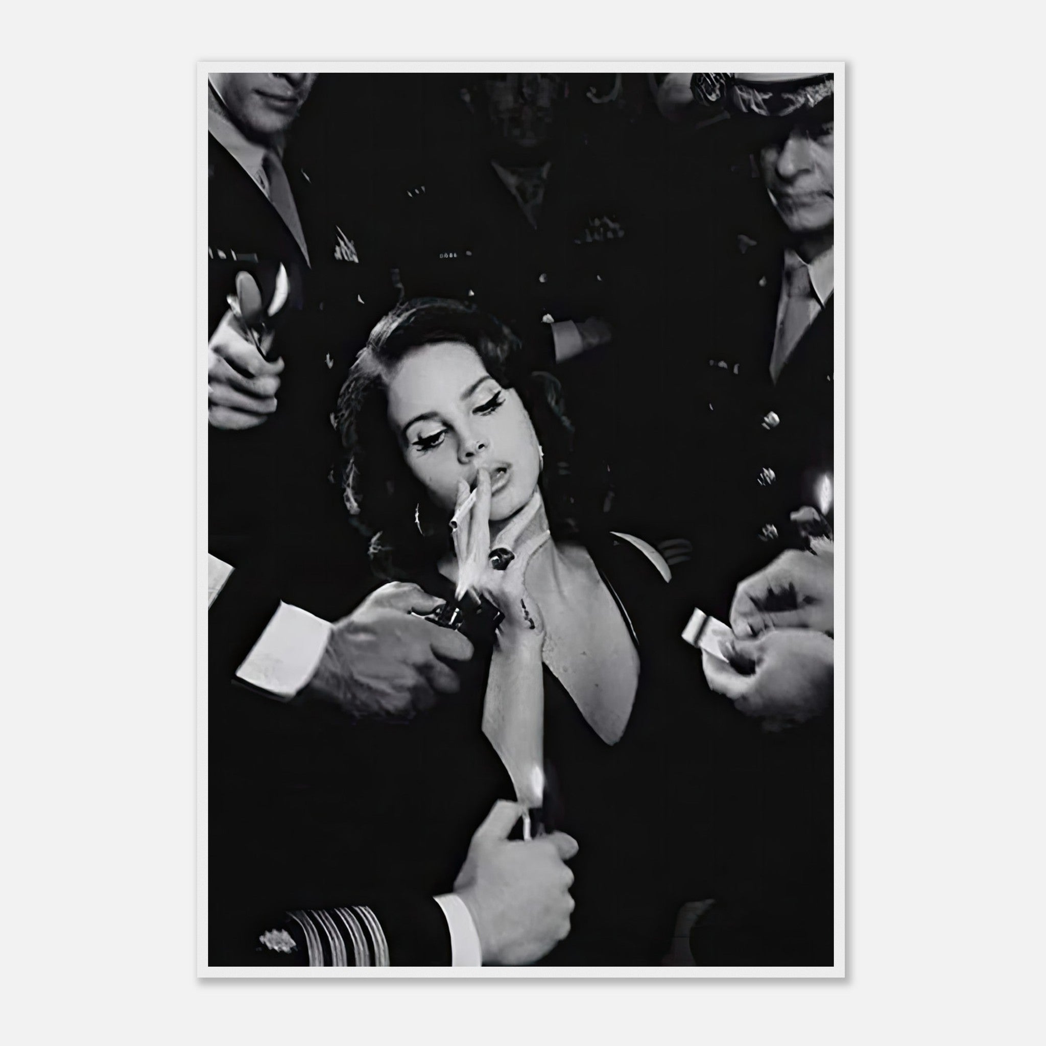 Lana Del Ray smoking in a striking black-and-white framed print, showcasing vintage Hollywood allure and contemporary sophistication.