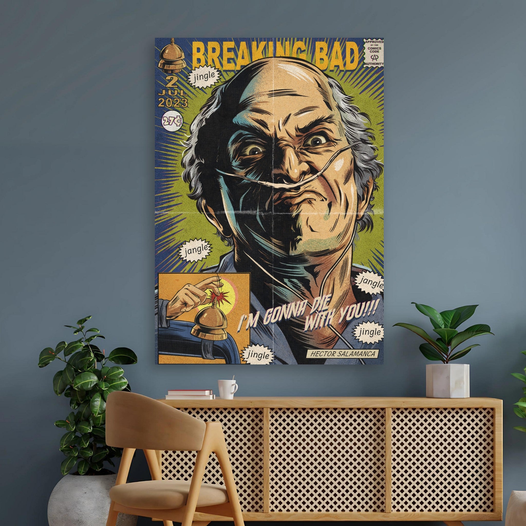 Hector Salamanca Breaking Bad poster in retro comic style featuring vibrant colors and bold expression for wall decor.