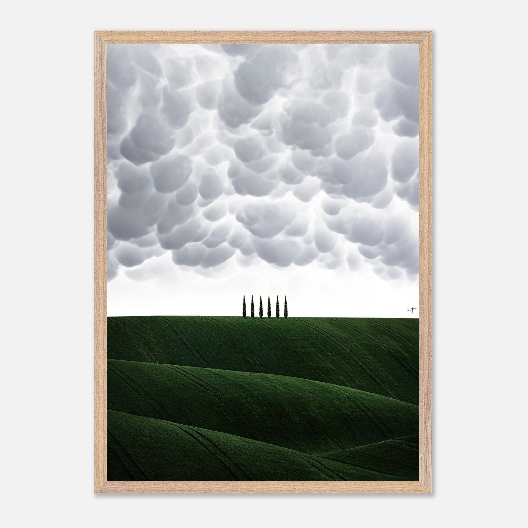 Toscana vintage framed art showcasing green hills and cypress trees under a dramatic sky. Perfect for home decor.