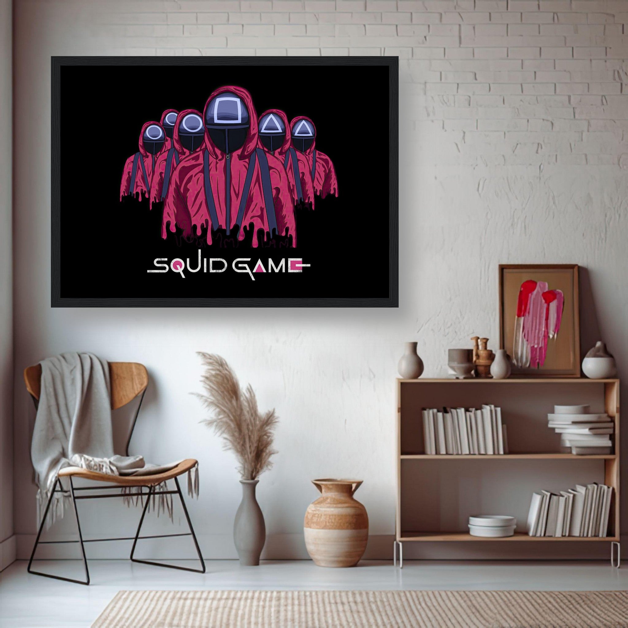 Squid Game Soldiers framed poster showcasing pink-clad guards in a stylish living room setting.