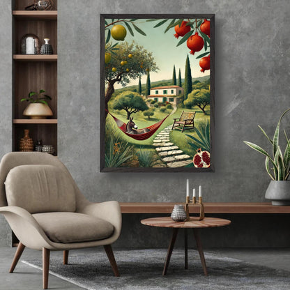 Museum quality Giclée print of a Mediterranean rural landscape with cypress trees, a hammock, and a charming villa.