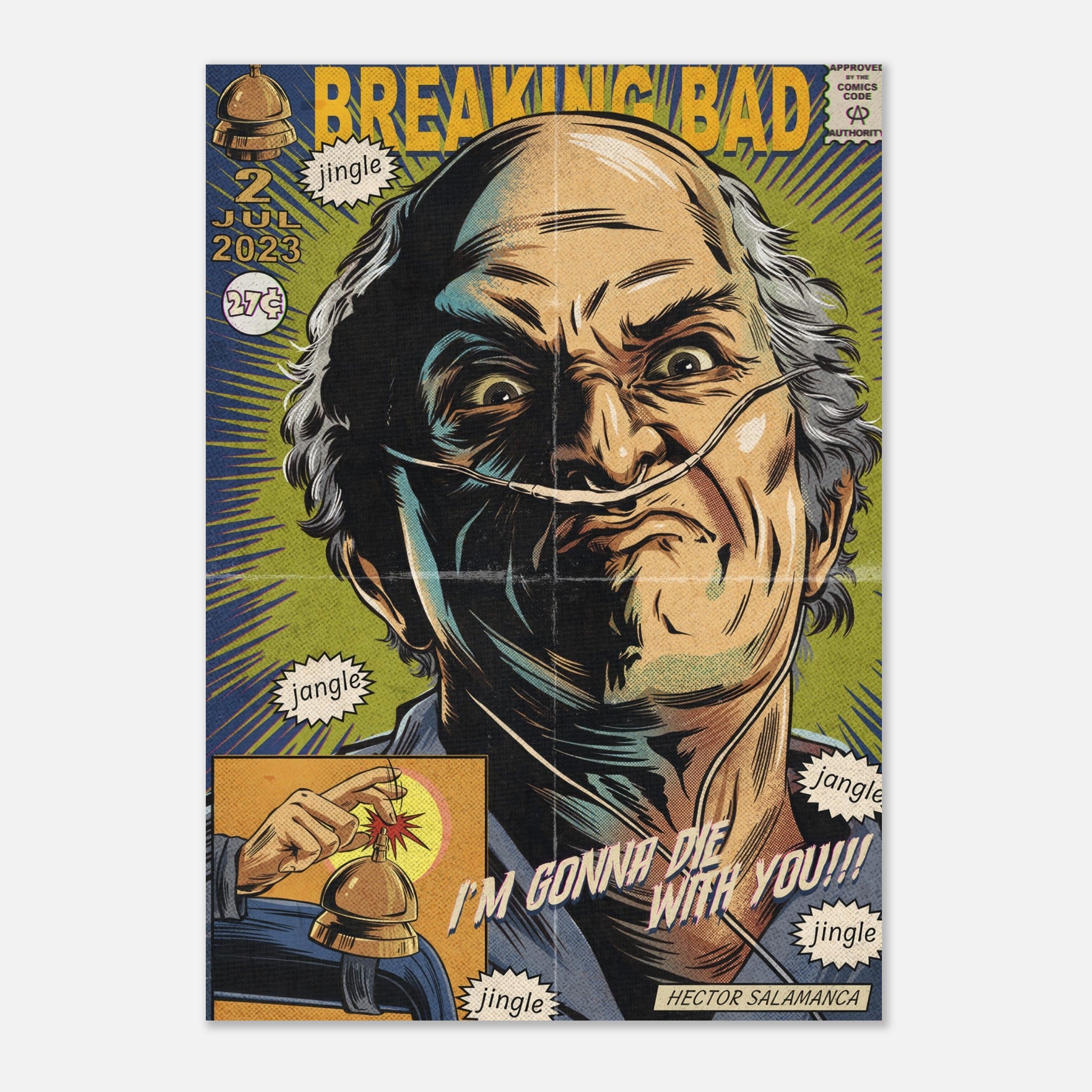 Hector Salamanca Breaking Bad poster in vintage comic style with intense expression and vibrant colors.