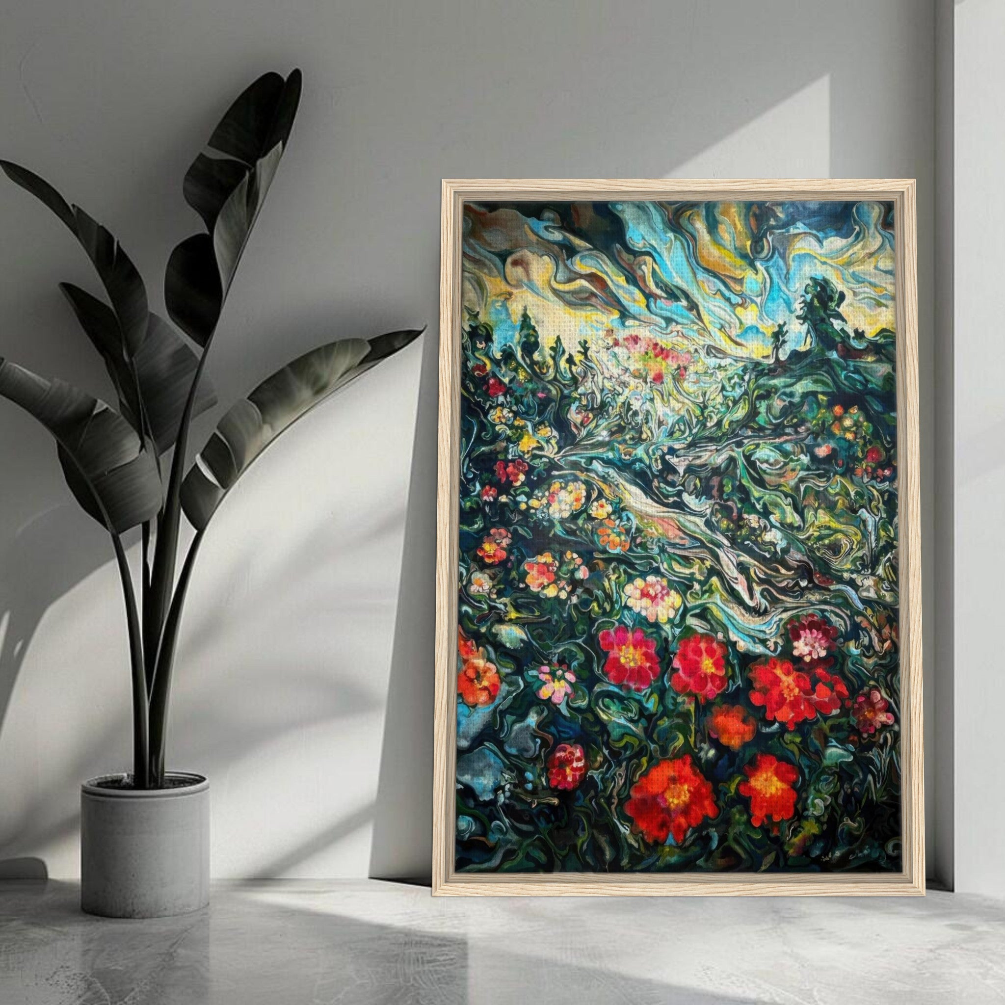 Abstract floral landscape painting framed canvas print showcasing vibrant colors and swirling patterns in a modern interior.