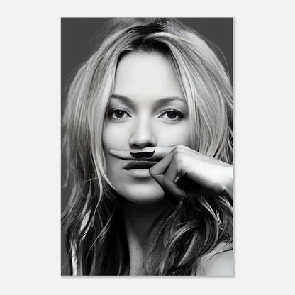 Kate Moss Mustache metal print featuring a striking black-and-white portrait with playful mustache detail.