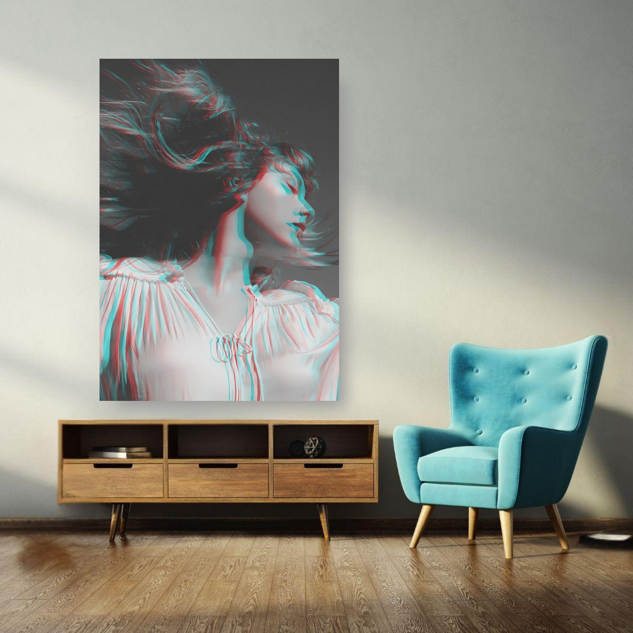 Taylor Swift black-and-white poster with 3D design showcased in a modern living room setting.