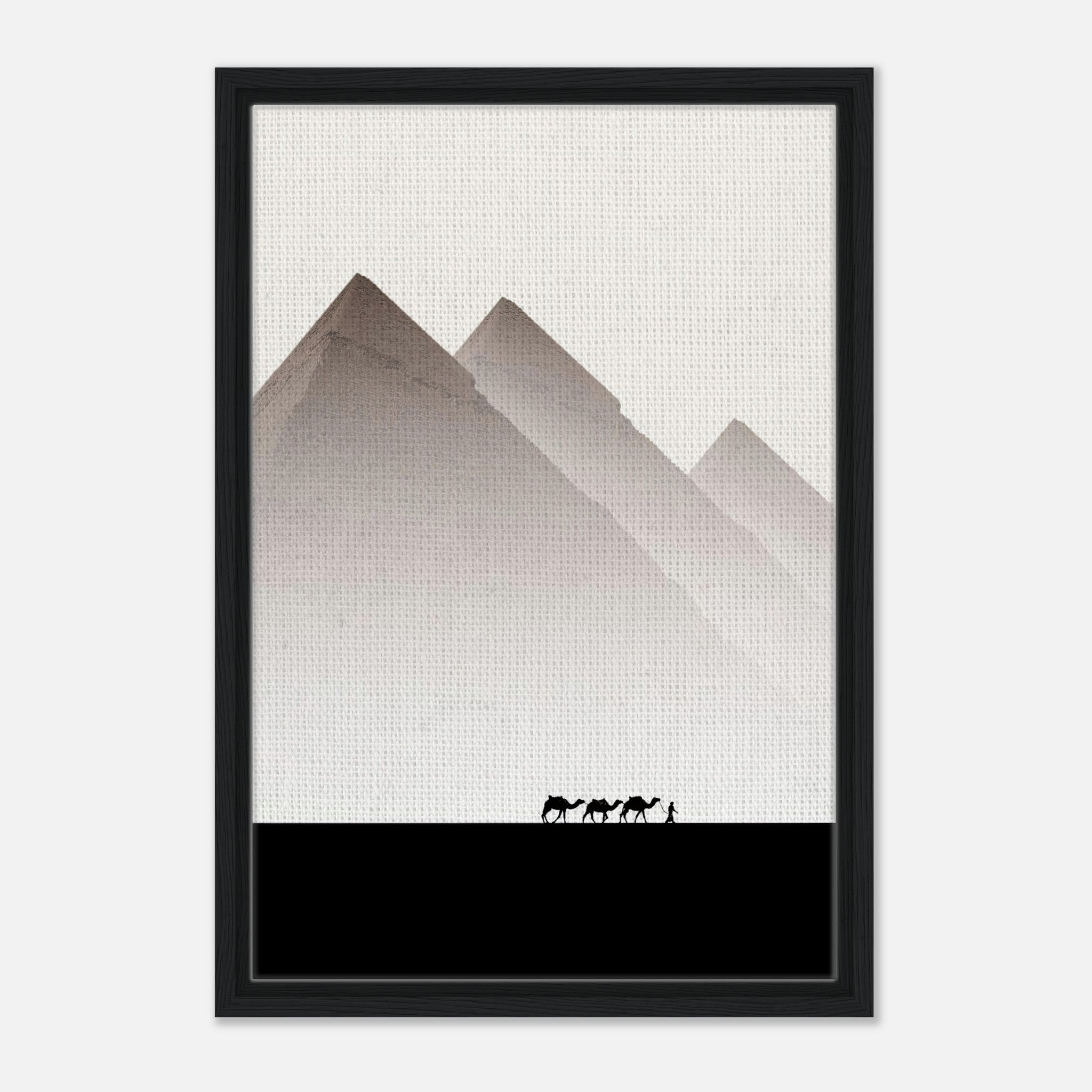 Framed canvas print of the Pyramids of Giza with minimalist design and earthy tones, adding elegance to home décor.