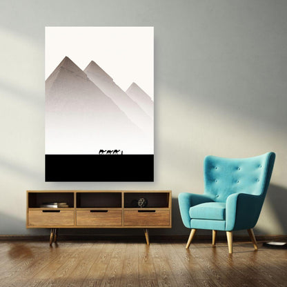 Minimalist Pyramids of Giza poster with camel caravan, displayed in a modern living room setting.