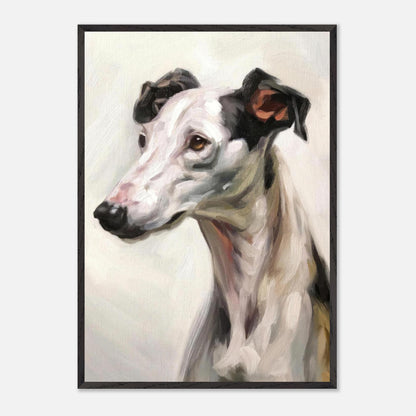 Greyhound dog painting framed print showcasing elegant brushstrokes and expressive details in a soft color palette.