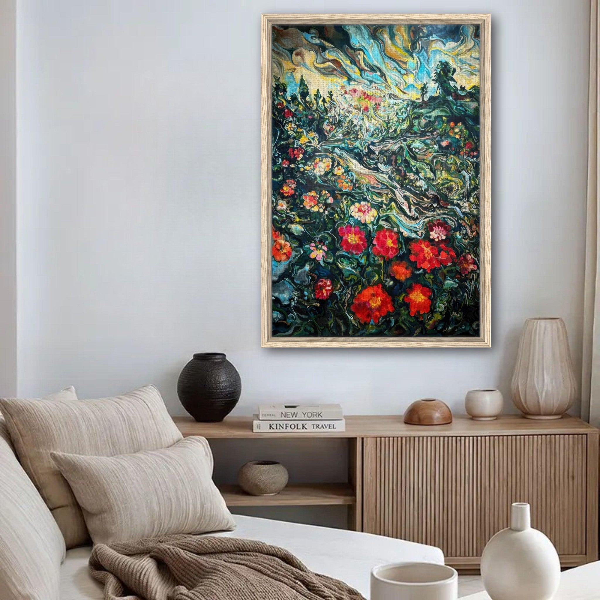 Abstract floral landscape painting framed canvas print in a modern living room decor with vibrant colors and dynamic patterns.