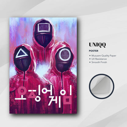 Squid Game poster featuring iconic guards in red suits with geometric masks and bold Korean text on high-quality paper.