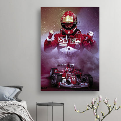 Michael Schumacher poster featuring him in Ferrari suit with his F1 car, perfect for motorsport enthusiasts.