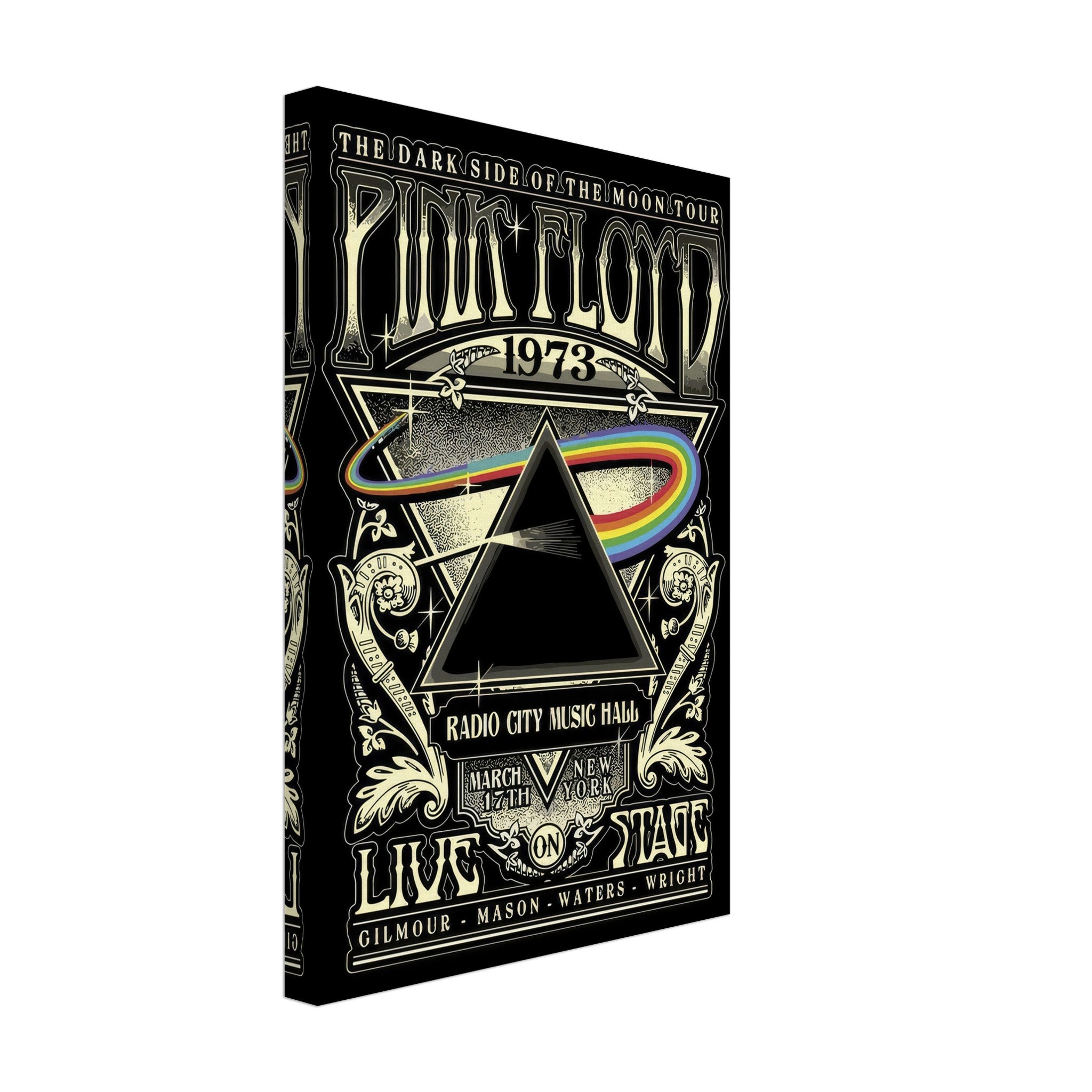 Pink Floyd The Dark Side of the Moon canvas featuring vintage 1973 tour design and iconic prism artwork.