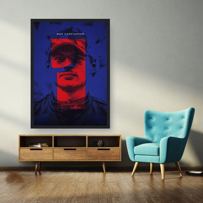 Max Verstappen framed print in vibrant colors displayed on a wall above a stylish blue chair and wooden console table.