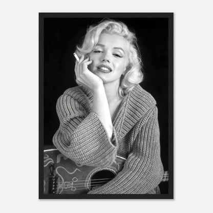 Black-and-white framed poster of Marilyn Monroe smoking, showcasing her elegance and iconic Hollywood style.