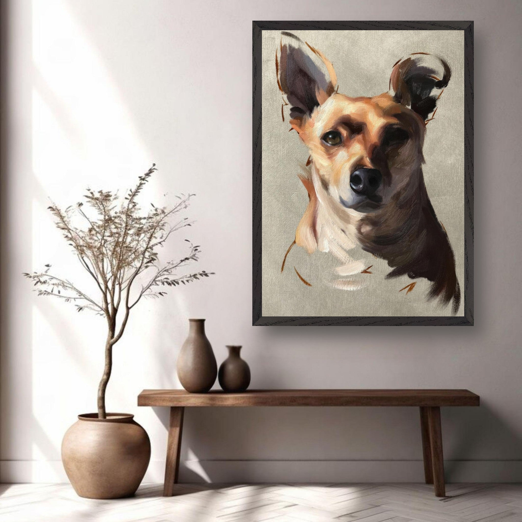 Chihuahua dog painting in modern interior with vase and table, showcasing fine art quality and warm colors.