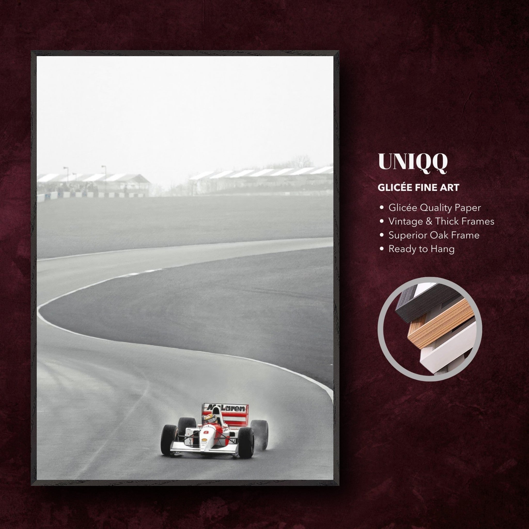 1988 Ayrton Senna McLaren MP4/4 framed Giclée fine art print showcasing high-speed racing on a track.