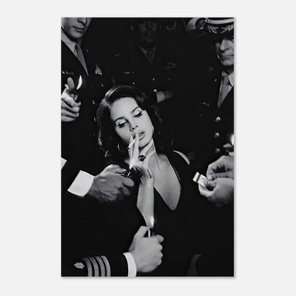 Lana Del Rey smoking with captivated onlookers, captured in striking black-and-white metal print artwork.