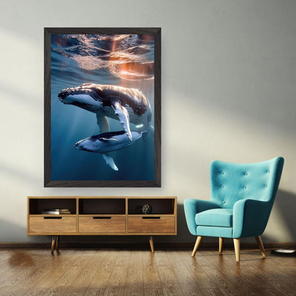 Framed print of a humpback whale and calf underwater, showcasing ocean beauty and grace.